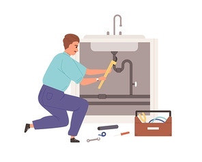 Plumber repairing plumbing, fixing pipe leak under sink. Worker installing tube. Home master working with pipeline. Flat vector illustration of repairman at work isolated on white .