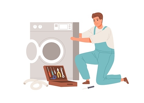 Repairman fixing broken washing machine. Plumber repairing washer. Electrician working with home appliance. Flat vector illustration of professional worker isolated on white .