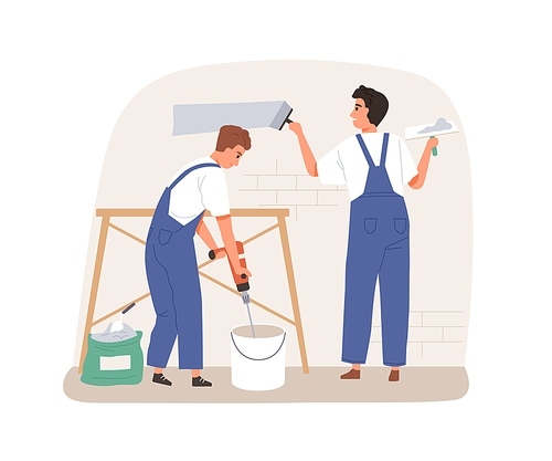 Plasterers smoothing, plastering and covering wall surface with putty, spackling paste and spatula. Professional repair workers working. Flat vector illustration isolated on white .