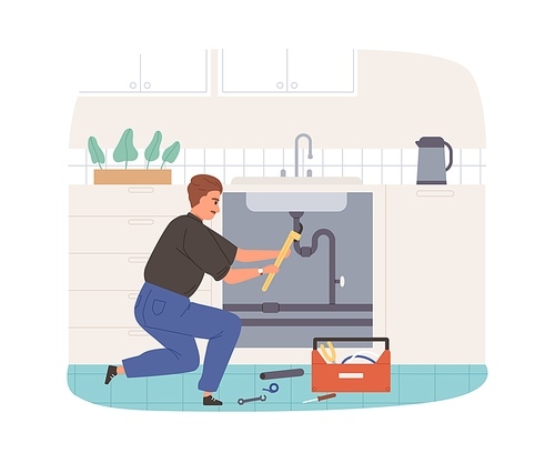 Plumber fixing and repairing plumbing. Workman installing pipe under kitchen sink. Professional pipeline service. Flat vector illustration of repairman with tools at work isolated on white .