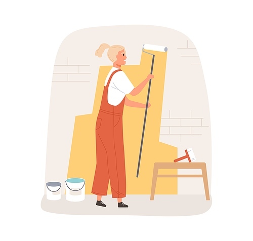 Female painter dyeing wall with paint roller tool. Worker painting building. Woman working in professional repair service. Colored flat vector illustration isolated on white .