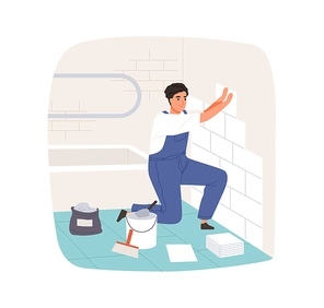 Worker laying and attaching ceramic wall tile in bathroom. Professional tiler in overalls working. Repairman tiling. Flat vector illustration of repair master isolated on white .