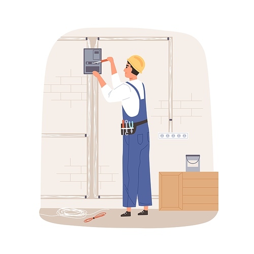 Electrician repairing and installing electrical wiring system. Workman fixing wires and cables with tools. Handyman working with electricity. Flat vector illustration isolated on white .