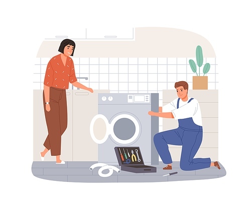 Worker fixing broken washing machine. Master from emergency repair service help woman with home appliance. Repairman working with tools. Flat vector illustration isolated on white .