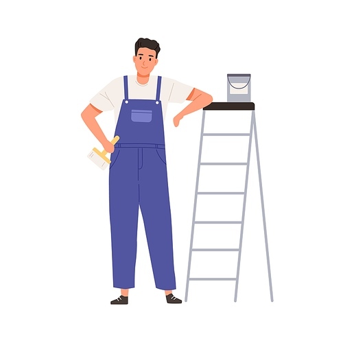 Wall painter standing with paint bucket and brush. Happy worker holding paintbrush and leaning on ladder. Portrait of repairman at stepladder. Flat vector illustration isolated on white .