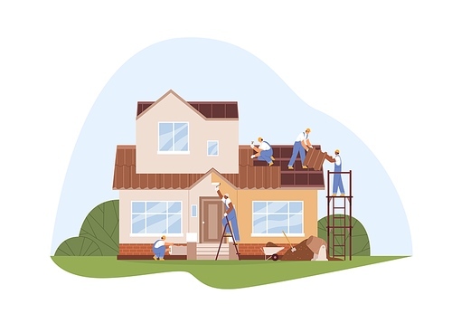 Workers at house repair and renovation. Builders work outside. People in uniform painting walls and decorating roof. Reconstruction of building facade. Flat vector illustration isolated on white.