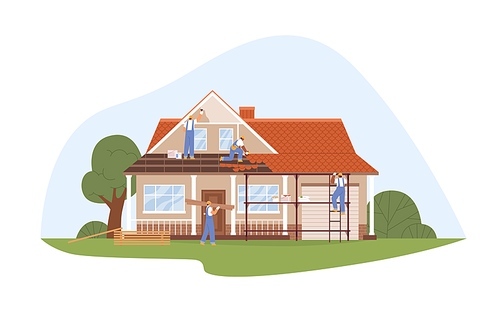 Builders work at house renovation. Workers repairing building facade. People putting roof tiles, painting wall outside home. Restoration process. Flat vector illustration isolated on white .