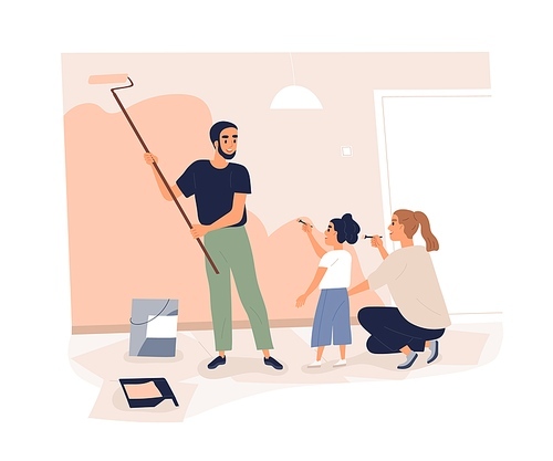 Family repairing home together. Mother, father and kid painting wall in apartment. Happy parents and child redecorate room with paint and roller. Flat vector illustration isolated on white .