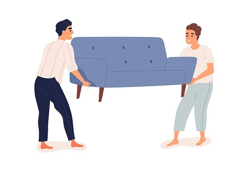 Happy people carrying new sofa together. Men holding and moving couch for furnishing home with modern furniture. Refurnishing concept. Flat vector illustration isolated on white .