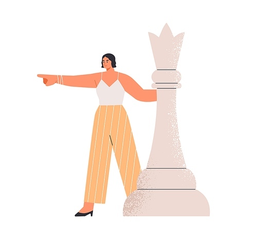 Determined ambitious business leader pointing at strategic goals. Leadership, strategy and tactics concept. Confident woman with chess piece. Flat vector illustration isolated on white .