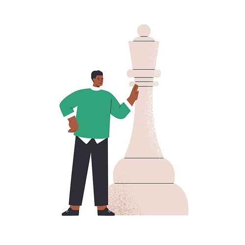 Thinking person and huge chess piece. Business strategy, career challenge and achievement concept. Happy smart man with power and authority. Flat vector illustration isolated on white .
