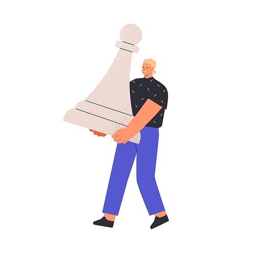 Concept of business start up and career beginning. First step in startup of happy beginner. Person carrying chess piece, pawn. Flat vector illustration of novice isolated on white .