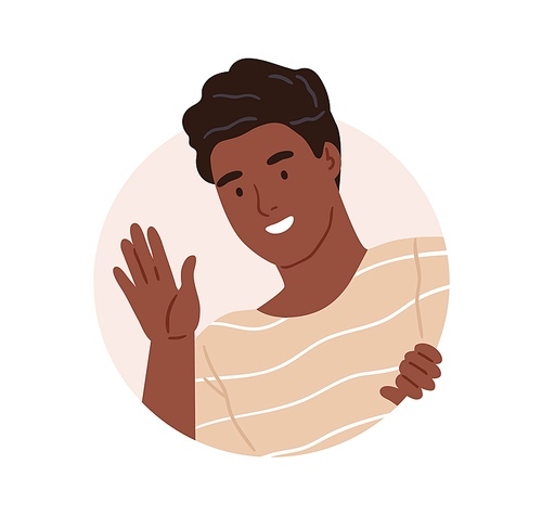 Happy person peeking and looking from behind round hole, waving with hand. Black-skinned man peeping out circle window and gesturing hi. Colored flat vector illustration isolated on white .