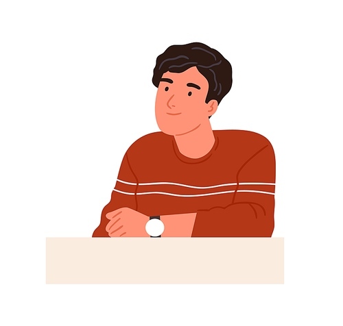 Happy curious person with interested face looking at smth, sitting behind desk and thinking. Smiling friendly man listening attentively. Colored flat vector illustration isolated on white .