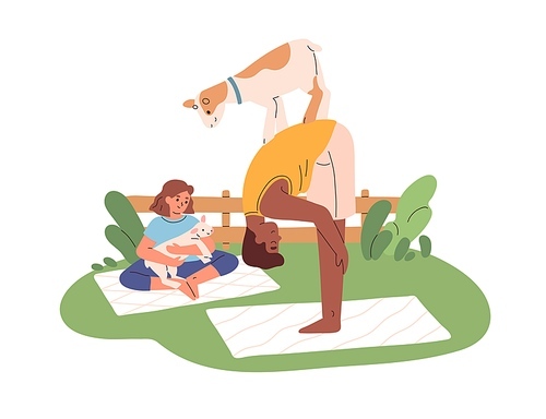 Man and woman practicing yoga exercises with goats. Stretching workout of happy couple with cute animals outdoors. People training on mats. Flat vector illustration isolated on white .
