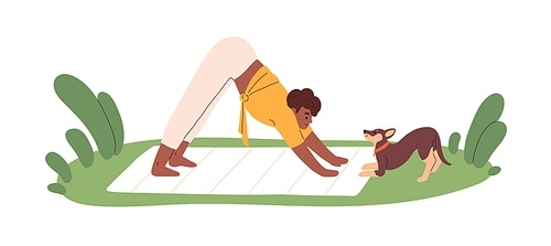 Woman practicing yoga exercises, Downward Dog Pose, with pet. Happy person during stretching workout with puppy, training on mat with animal. Flat vector illustration isolated on white .