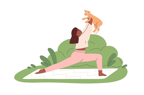 Woman practicing yoga exercises with cute goat on mat outdoors. Body stretching workout of person and cute animal in nature. Modern fitness. Flat vector illustration isolated on white .