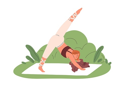 Woman practicing yoga exercises with cute dog outdoors. Happy flexible person during body stretching workout with pet, training on mat in nature. Flat vector illustration isolated on white .
