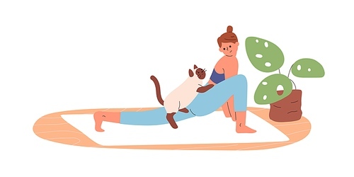 Woman practicing yoga exercise with cute cat at home. Happy person doing stretching workout with pet. Young female working out on mat indoors. Flat vector illustration isolated on white .