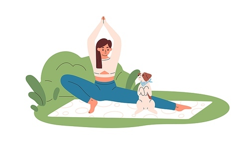Woman doing yoga exercise with cute dog outdoors. Happy person during stretching workout with pet in nature. Young female training outside. Flat vector illustration isolated on white .