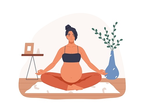 Pregnant woman meditating, sitting in yoga pose with legs crossed. Relaxing meditation exercise during pregnancy. Calm mother with belly in asana. Flat vector illustration isolated on white .