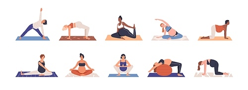 Pregnant women doing prenatal yoga exercises set. Mothers with bellies at fitness workout during pregnancy. Stretching gymnastics for moms. Flat vector illustration isolated on white .