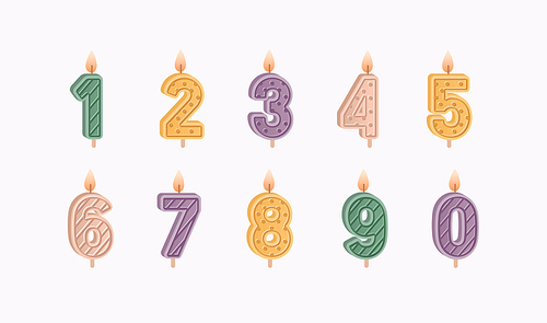 Numbered birthday candles set for 1, 2, 3, 4, 5, 6, 7, 8, 9 ages and year anniversaries celebration. Decorative wax candlelights with flames. Flat vector illustration isolated on white .