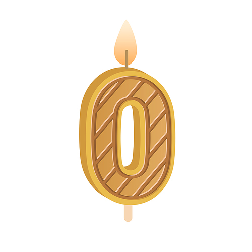 Birthday candle of 0 number shape for birth of newborn. Glowing flame of figure null wax candlelight with stick and fire for party cake. Flat vector illustration isolated on white .