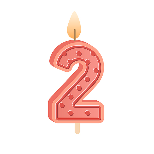 2 number-shaped birthday candle for second year anniversary. Two figure wax candlelight with flame for party cake for 2d bday. Colored flat vector illustration isolated on white .