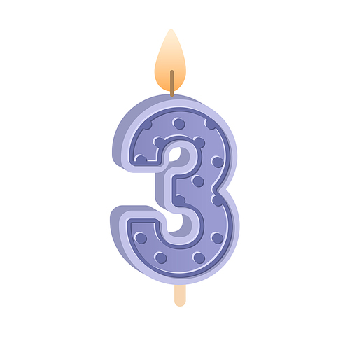 Wax birthday candle of number 3 shape for 3d year anniversary. Glowing figure three candlelight with flame for party cake for third age. Flat vector illustration isolated on white .