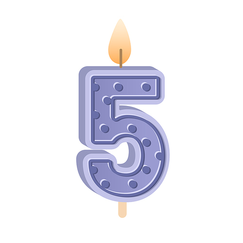 5 shaped birthday candle for 5th year anniversary. Wax number five with light for bday holiday cake for fifth age party with glowing candlewick. Flat vector illustration isolated on white .