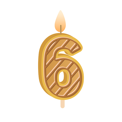 6 number candle for birthday cake. Wax decor for 6th year anniversary. Sixth age figure-shaped decoration with glowing flame. Flat vector illustration isolated on white .