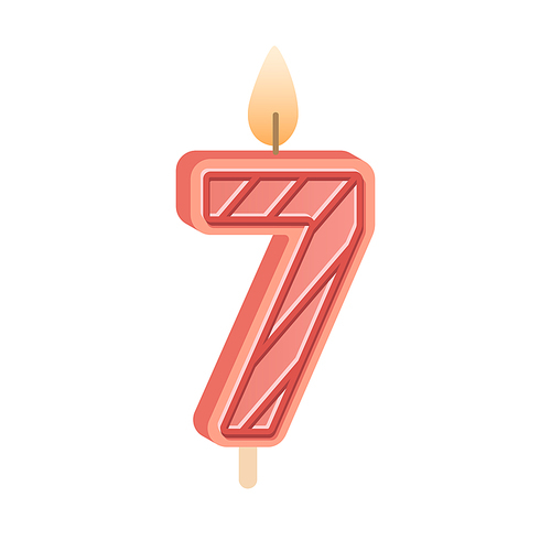 Number-shaped candle for age of 7 birthday. Wax decoration for 7th year anniversary. Bday cake decor with glowing flame. Burning candlelight. Flat vector illustration isolated on white .