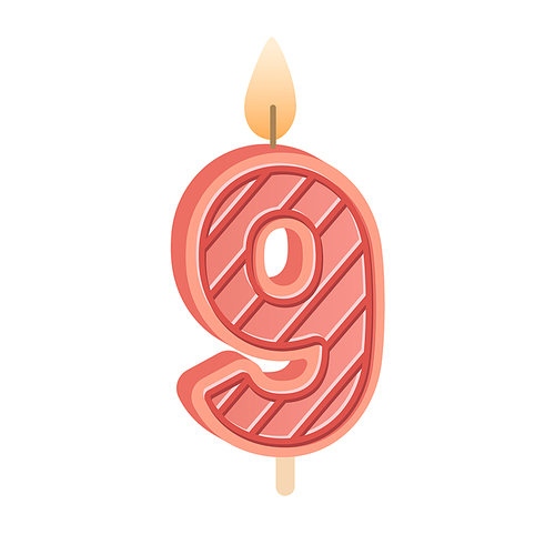 Birthday candle of 9 number shape for bday celebration. Glowing wax candlelight with flame for nine age party cake for 9th year anniversary. Flat vector illustration isolated on white .
