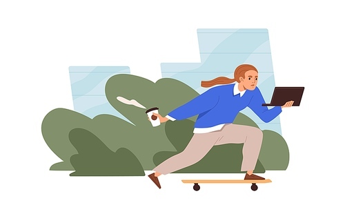 Very busy business woman work with laptop on the go. Modern fast lifestyle concept. Restless stressed employee workaholic rushing and hurrying. Flat vector illustration isolated on white .