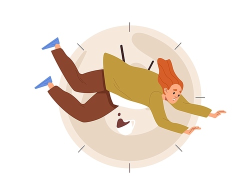 Deadline failure and organization problem concept. Person is late, time is over. Inefficient disorganized employee fall from clocks. Fail at work. Flat vector illustration isolated on white .