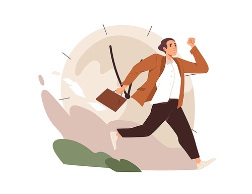 Busy businessman hurrying and rushing on businesses. Fast life and time pressure concept. Stressed employee with lot of work and deadlines. Flat vector illustration isolated on white .