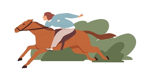 Person hurrying and rushing to aim. Fast life with ambitions and aspirations concept. Ambitious woman riding on horseback. Female horse rider. Flat vector illustration isolated on white .