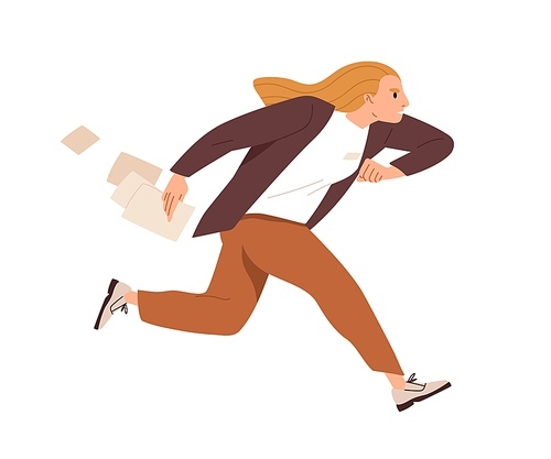 Busy office worker running fast, hurrying on urgent businesses. Anxious troubled employee rushing. Stressed nervous woman is late with deadlines. Flat vector illustration isolated on white .