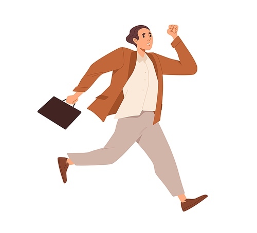 Office worker running fast, hurrying to be in time at work. Busy employee rushing. Stressed man is late with deadlines of urgent businesses. Flat vector illustration isolated on white .