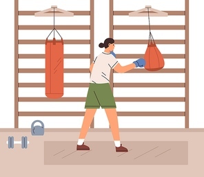 Woman hitting boxing punching bag with hand in gloves. Female fighter training in gym. Strength exercises, workout and practice of boxer. Flat vector illustration of athlete in sportswear working out.