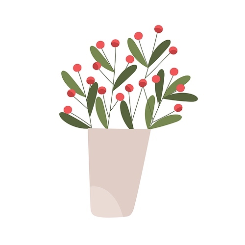 Home plant with red berries and leaves. American wintergreen growing in pot. Houseplant in flowerpot. Interior decor with showy teaberry and leaf. Flat vector illustration isolated on white .