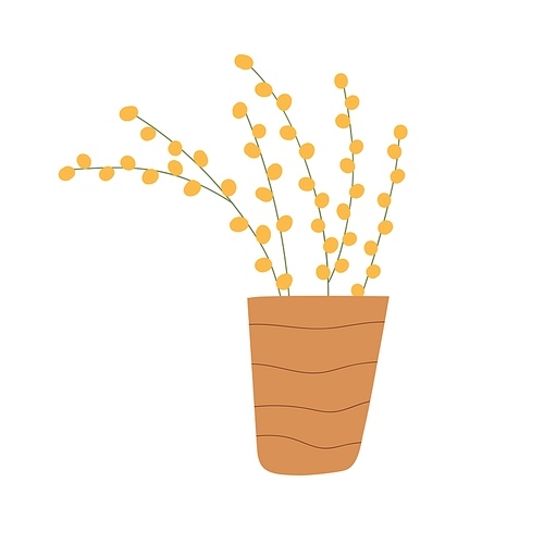House plant with yellow berries and flowers in pot. Houseplant growing in flowerpot. Interior decoration in wicker basket. Colored flat vector illustration isolated on white .