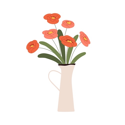 Flower bouquet in vase. Fresh cut floral bunch in jug. Beautiful garden blooms in ceramic pitcher. Delicate blossomed buds. Spring plant. Flat vector illustration isolated on white .