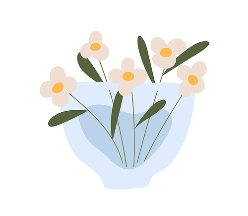 Wild flowers in glass vase. Floral bouquet of blooming buds of cut snowdrops. Bunch of spring blossomed field plant. Delicate pretty posy. Flat vector illustration isolated on white .