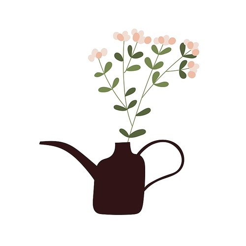 Blossomed flower branch in watering can. Spring gentle blooming floral plant in pot. Delicate fresh flora in flowerpot. Colored flat vector illustration of floristic decor isolated on white .