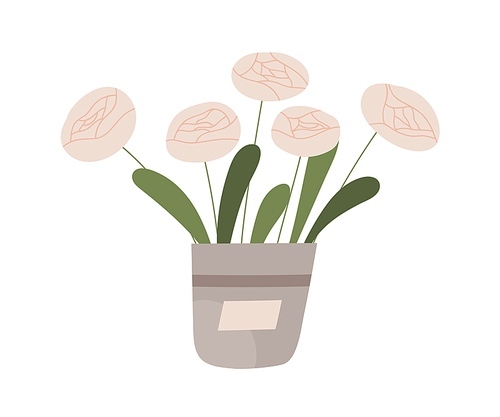 Fresh blossomed cut flowers in bucket for sale. Rose bouquet in vase. Blooming floral plant with leaves. Elegant spring buds with lush petals. Flat vector illustration isolated on white .