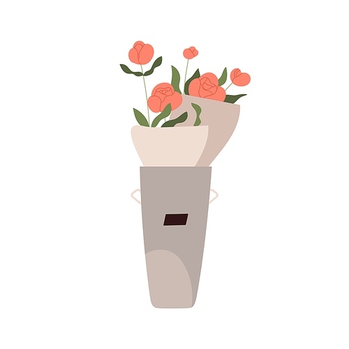 Flower bouquets in bucket. Floral bunches in paper wrapping in metal vase. Cut fresh posies of blooming roses. Garden flora for sale. Flat vector illustration of plant isolated on white .