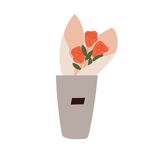 Fresh cut flowers in bucket for sale. Rose bouquet wrapped in paper in vase. Blooming floral plant. Elegant spring bunch with gorgeous buds. Flat vector illustration of pretty posy isolated on white.