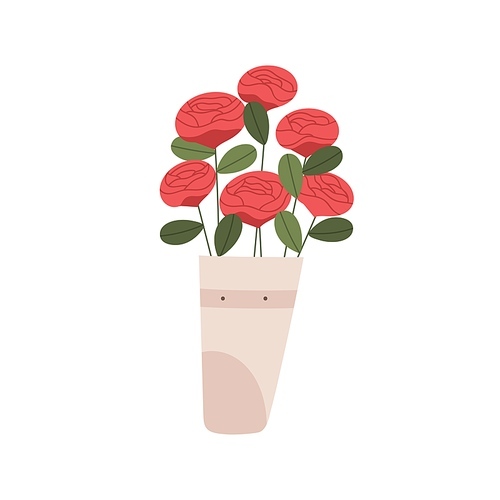 Fresh roses in vase. Flower bouquet with blossomed gorgeous buds. Cut blooms of floral plant. Elegant lush bunch with leaves. Romantic gift. Flat vector illustration isolated on white .
